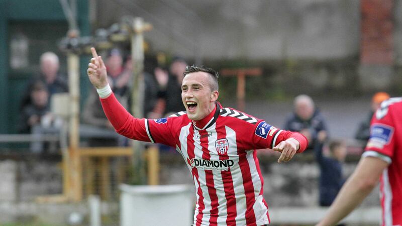 Derry City's Aaron McEneff celebrates his penalty against Longford Town at the Brandywell on Friday night <br />Picture by Margaret McLaughlin&nbsp;