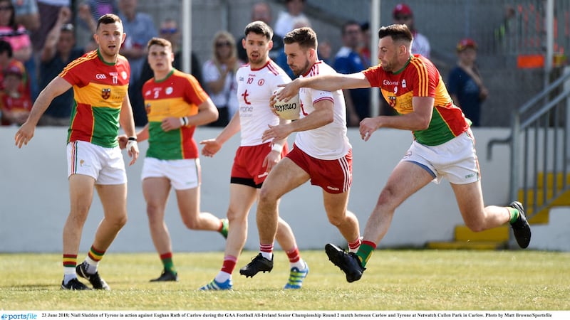 Tyrone's Niall Sludden goes on the attack during his county's Qualifier win over Carlow