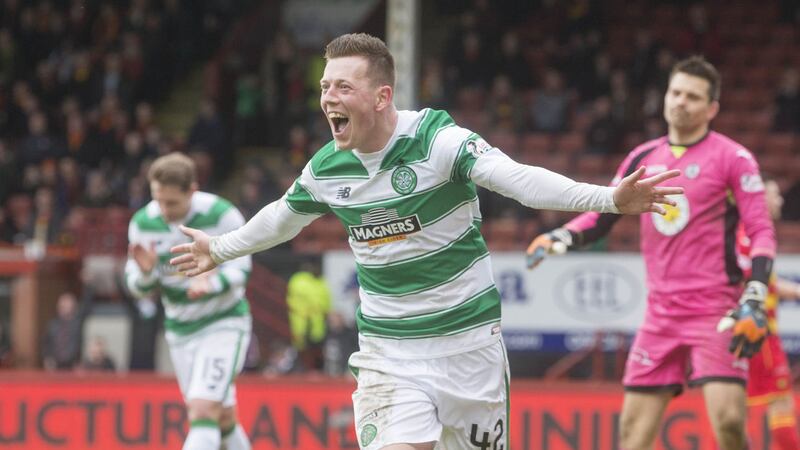 &nbsp;Celtic's Callum McGregor celebrates scoring his side's second goal of the game during the Ladbrokes Scottish Premiership match at Firhill Stadium, Glasgow. Picture by PA