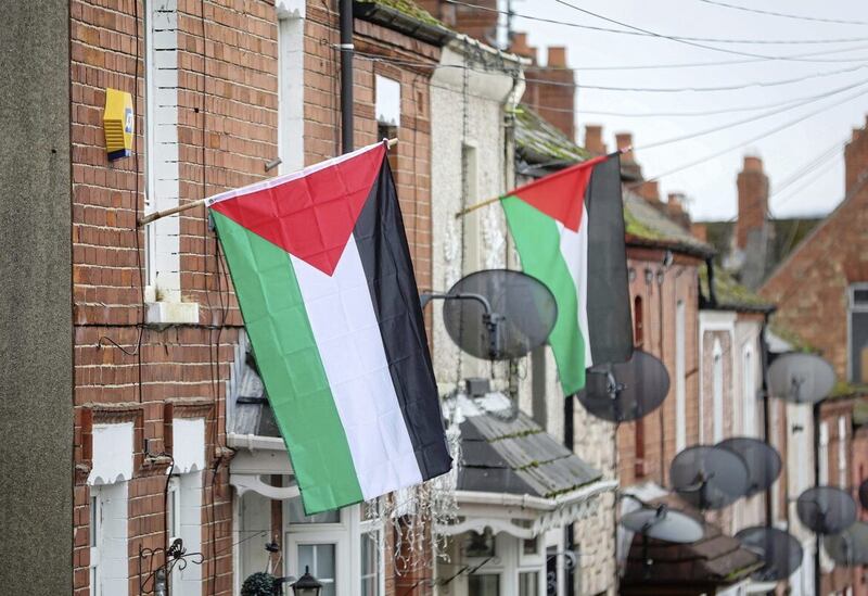 Palestinian flags flying from homes in west Belfast in solidarity with the people of Palestine. PICTURE: MAL MCCANN 