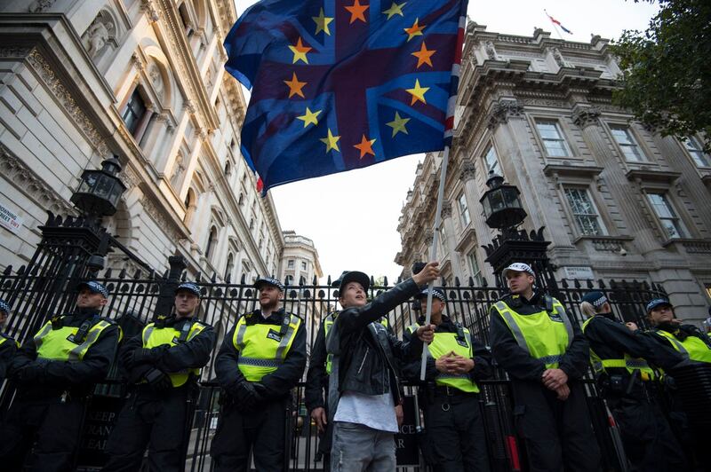Kayden, 11, waves an EU flag and Union Jack in front of a line of police officers outside Downing Street 