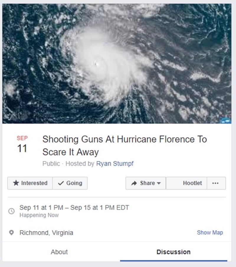 Facebook event titled "shooting guns at Hurricane Florence to Scare It Away