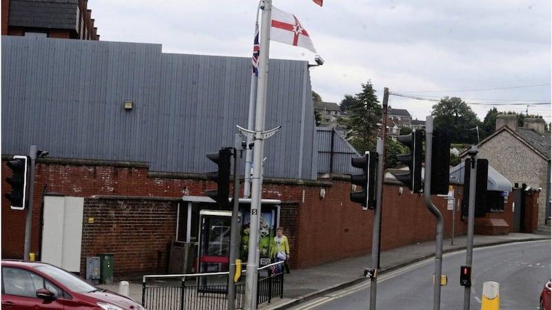 There have been complaints about a UVF flag put up close to Banbridge PSNI station. Picture by Hugh Russell 