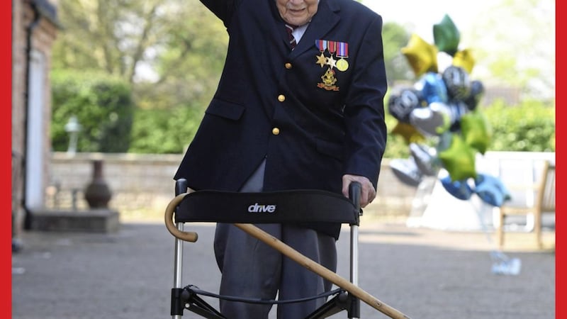 99-year-old war veteran Captain Tom Moore at his home in Bedfordshire after he achieved his goal of 100 laps of his garden. Picture by Joe Giddens, Press Association 
