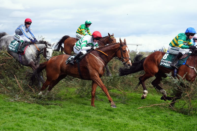 Runners and riders jump the Chair during the Randox Grand National Handicap Chase