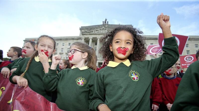 Irish language campaigners at Stormont. Picture by Mal McCann