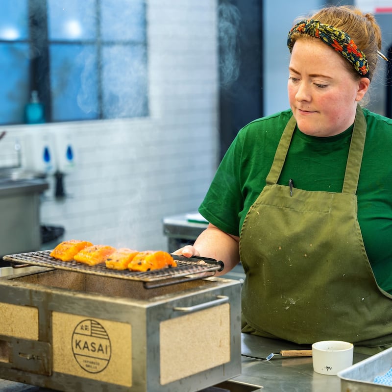 Chef Melissa McCabe cooking her cured trout on Great British Menu