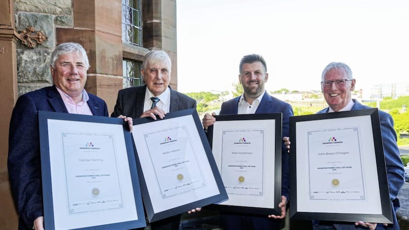 Manufacturing Hall of Fame inductees (from left) George Fleming, Fleming Agri Products; Walter Watson, Walter Watson Ltd; Mark Hutchinson, Hutchinson Engineering; and John Bosco O&rsquo;Hagan, Specialist Group 