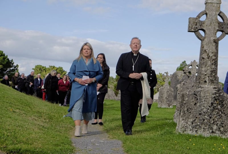 Archbishop Eamon Martin leads the prayer service at Clonmacnoise after the pre-synodal assembly. Picture by LiamMcArdle.com. 