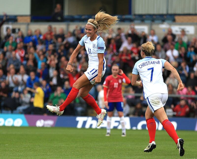Daly jumps in the air as she celebrates scoring England’s third goal of the game during a 2017 Uefa Women’s European Championship qualifying match