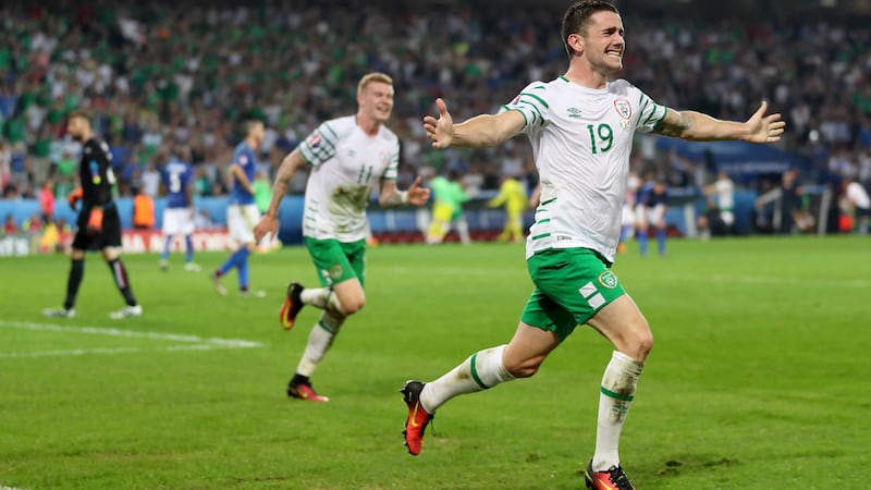 &nbsp;Republic of Ireland's Robbie Brady celebrates scoring the winning goal during the match against Italy