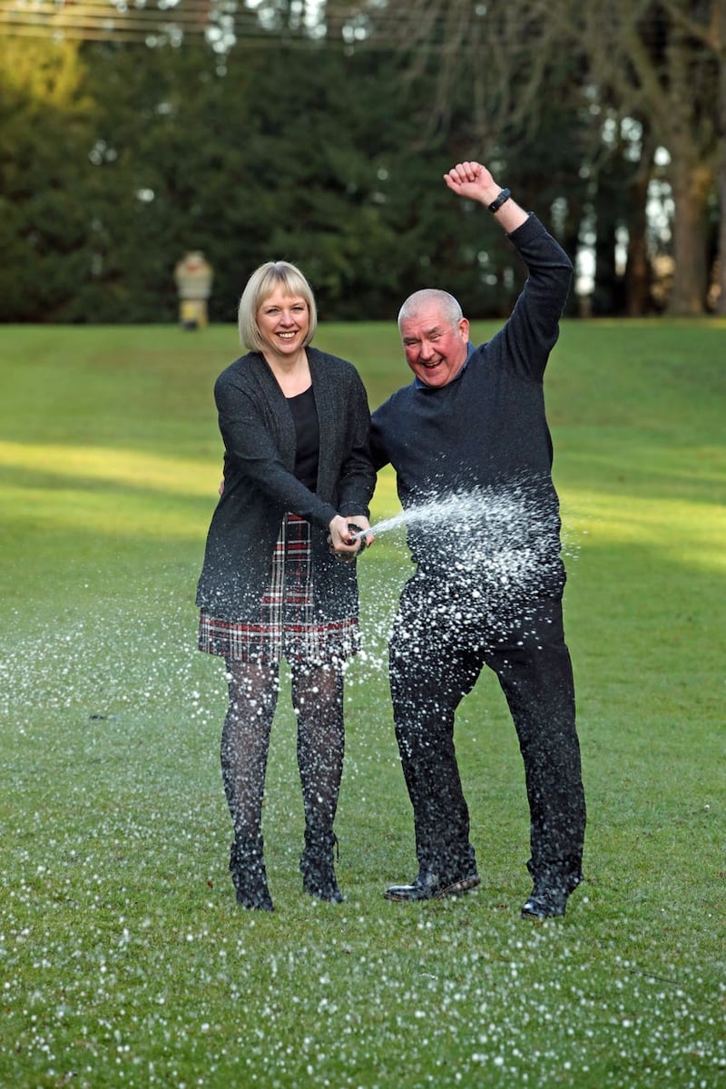John and Allison McDonald, from Stockton on Tees, celebrating their Lotto jackpot win at Crathorne Hall, North Yorkshire
