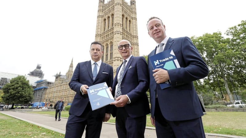 Pictured at Westminster earlier this month is the Trade NI leadership team of Glyn Roberts (Retail NI), Colin Neill (Hospitality Ulster) and Stephen Kelly (Manufacturing NI). Photo: Kelvin Boyes/Press Eye 