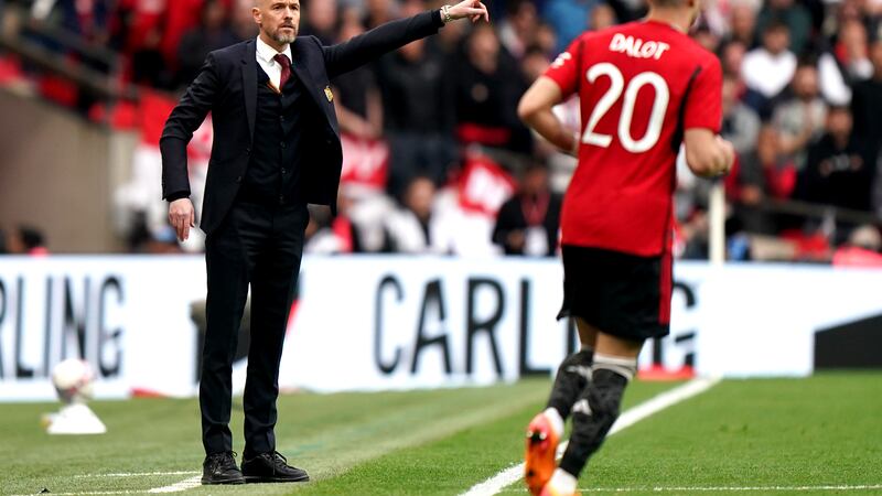 Manchester United manager Erik ten Hag gestures on the touchline during the Emirates FA Cup semi-final match at Wembley Stadium, London. Picture date: Sunday April 21, 2024.