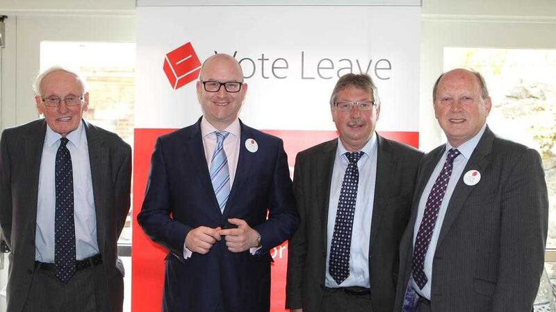 Leading figures in the Vote Leave campaign &ndash; Wrightbus founder William Wright, UKIP deputy leader Paul Nuttall, DUP MP Sammy Wilson and TUV leader Jim Allister &ndash; at yesterday&#39;s launch at the Galgorm resort and spa. Picture by Matt Bohill 