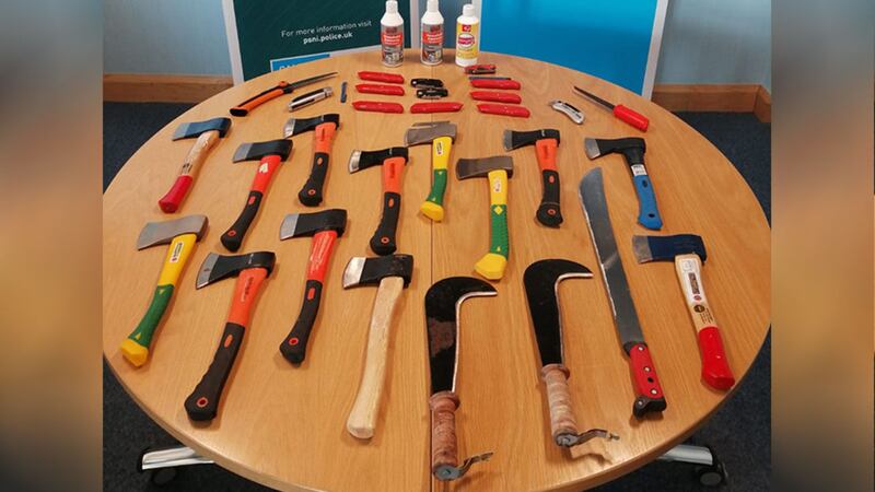 Police seized a large number of weapons including hatchets and knives at the funeral in Strabane. Picture by PSNI&nbsp;
