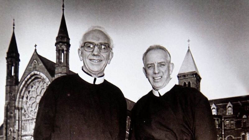 Fr Gerry Reynolds, who died in 2015, and Fr Alec Reid, who died in 2013, pictured in the gardens of Clonard Monastery, Belfast. The Redemptorist priests&#39; example has inspired new peacebuilding resources. 
