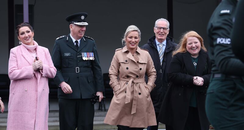 First Minister Michelle O'Neill during the Police Service of Northern Ireland’s attestation ceremony for six newly qualified officers at Garnerville Police College  on Friday.
Sinn Féin attended a PSNI graduation ceremony for the first time.
Picture: COLM LENAGHAN