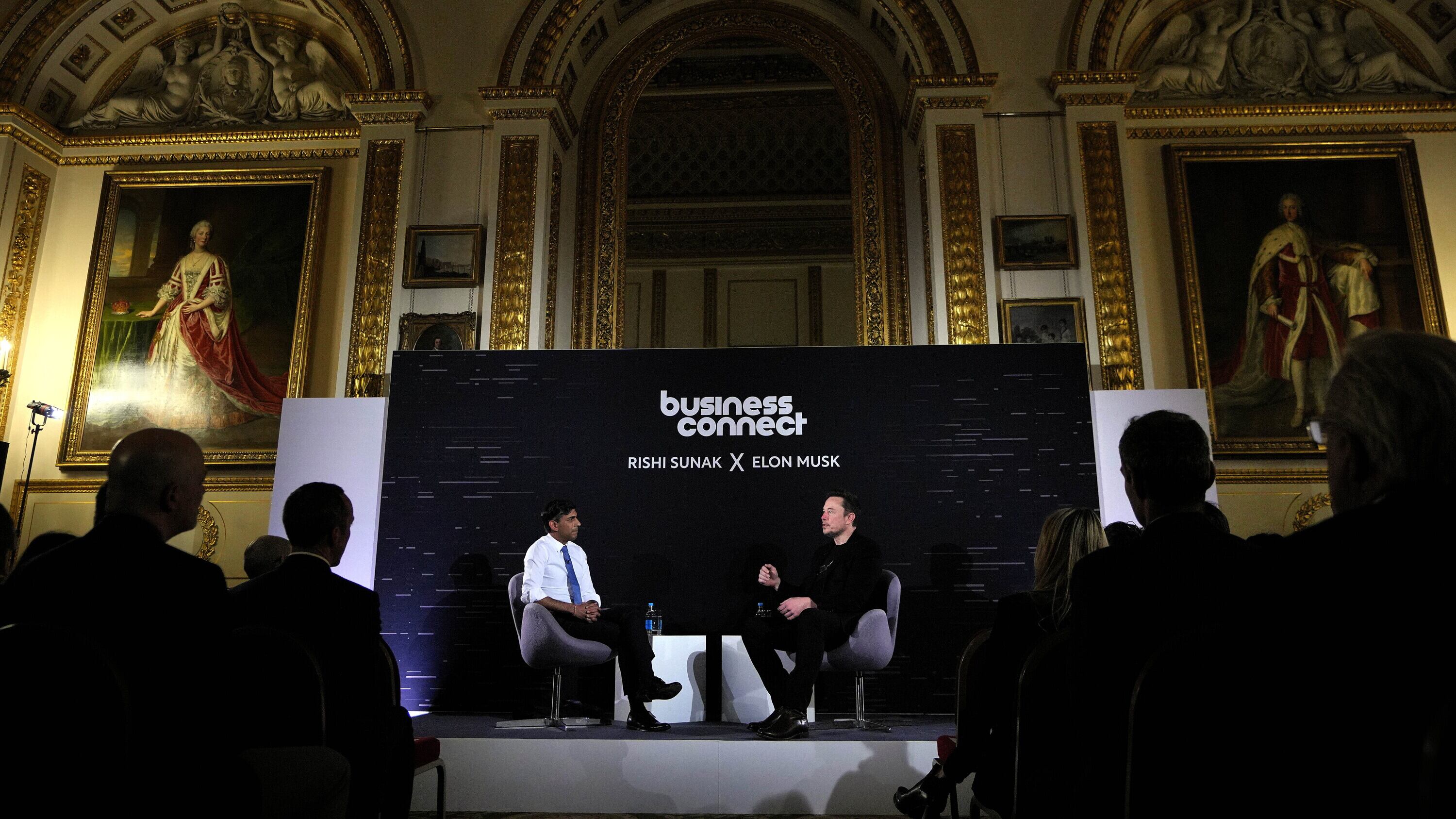 Rishi Sunak and Elon Musk spoke in a casual interview in front of tech leaders at Lancaster House (Kirsty Wigglesworth/PA)