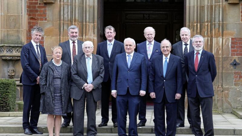 Key figures from the Good Friday Agreement negotiations at Queen&#39;s University. (back row left to right) Jonathan Powell, Lord John Alderdice, Lord David Trimble, Sir Reg Empey, Lord Paul Murphy of Torfaen and (front row left to right) Professor Monica McWilliams, Seamus Mallon, former taoiseach Bertie Ahern, Senator George Mitchell and Gerry Adams. Picture by Mal McCann 