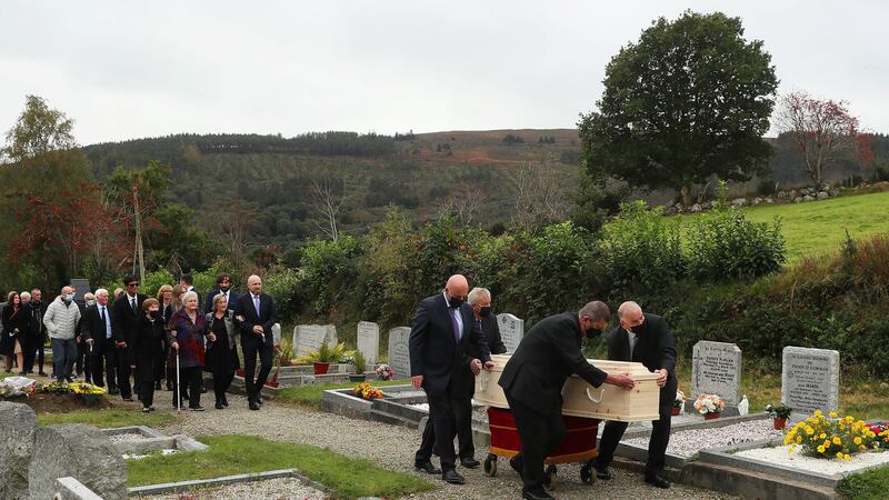 The coffin of Chieftains founder Paddy Moloney is brought from St Kevin's Church in Glendalough, Co Wicklow, during his funeral. Picture by Brian Lawless/PA Wire&nbsp;