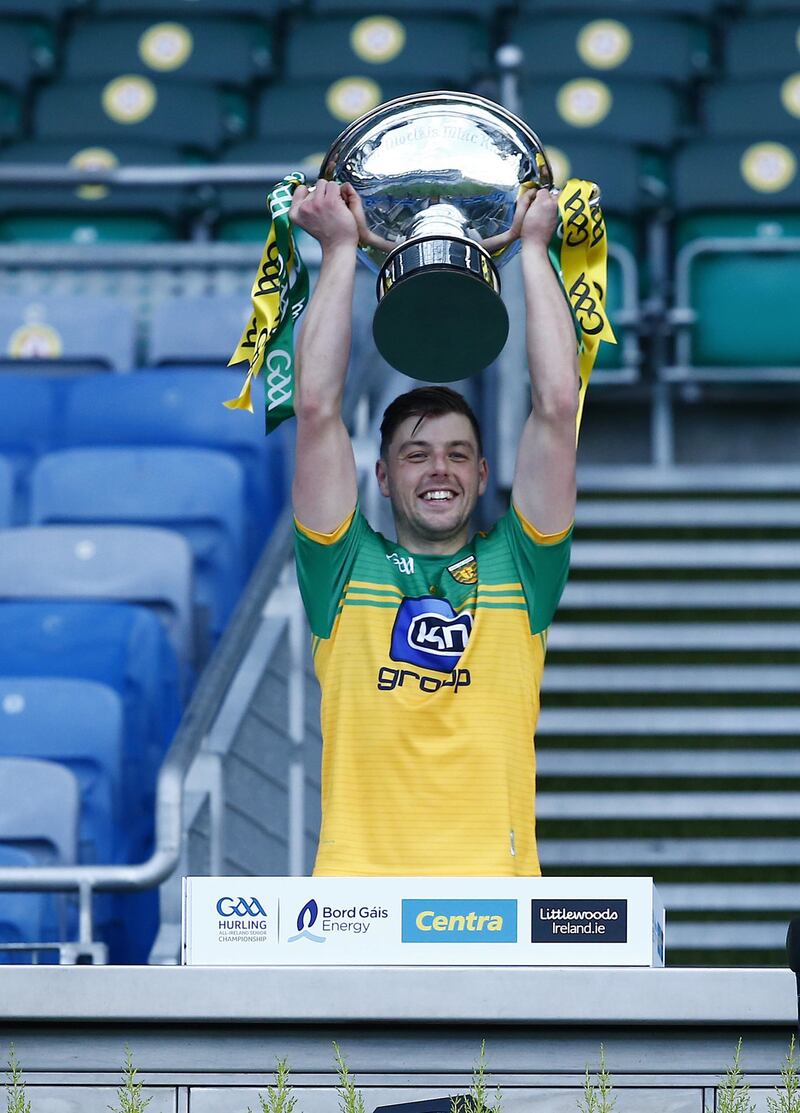 Donegal's Sean McVeigh lifts the winner's cup at the end of the Nickey Rackard Cup final after defeating Mayo at Croke Park, Dublin on November 22 2020. Picture by Philip Walsh.&nbsp;