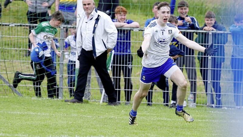 Monaghan keeper Jamie Mooney celebrates his team&#39;s shoot-out victory over Tyrone in Roslea Picture by Philip Walsh 