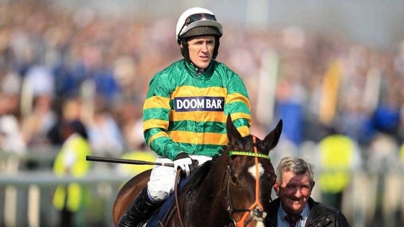 Jockey AP McCoy after winning the Doom Bar Aintree Hurdle during the Grand Opening Day of the Crabbies Grand National Festival at Aintree Racecourse, Liverpool in 2015. Picture by Mike Egerton, Press Association 