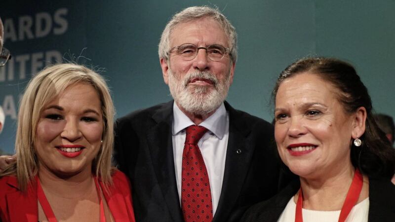 Sinn Fein&#39;s northern leader Michelle O&#39;Neill (left), Sinn Fein President Gerry Adams and deputy leader Mary Lou McDonald, after he addressed the party&#39;sArd Fheis in the RDS, Dublin. Picture by Brian Lawless/PA Wire 