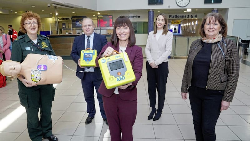Infrastructure Minister Nichola Mallon is pictured with left to right: Jacqueline O&#39;Neill, Community Resuscitation Officer, NIAS; John Glass, Translink director of infrastructure and projects; Denise McAnena, Policy Manager, British Heart Foundation NI, and Lynda Donaldson 