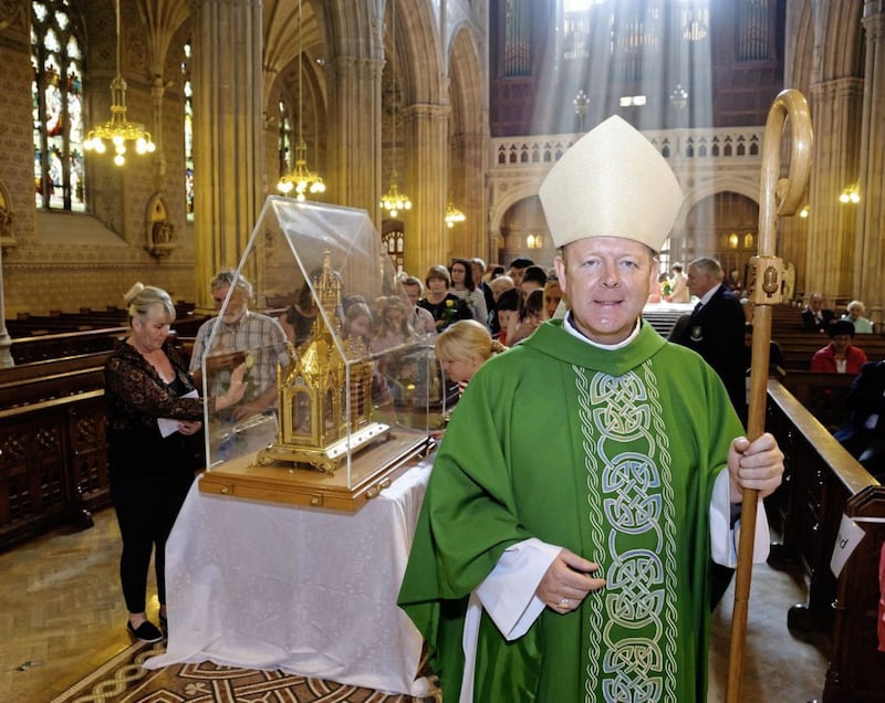 Archbishop Eamon Martin with the relics of Saints Louis and Z&eacute;lie Martin and their daughter St Th&eacute;r&egrave;se of Lisieux in St Patrick&#39;s Cathedral, Armagh on Sunday. Picture by www.LiamMcArdle.com 
