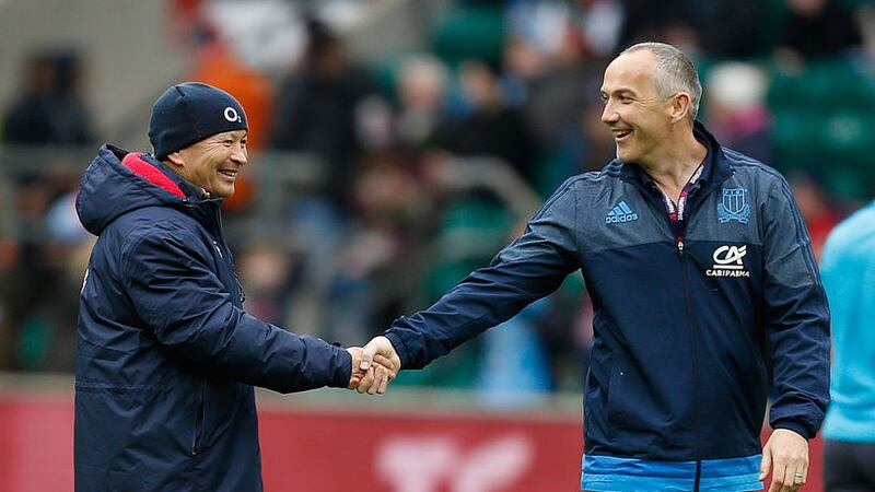 England coach Eddie Jones (left) was all smiles with his Italian counterpart Conor O&rsquo;Shea before Sunday&rsquo;s Six Nations match at Twickenham, but afterwards Jones fumed at the Italian tactic of not engaging in rucks, which baffled his players. Picture by Press Association&nbsp;