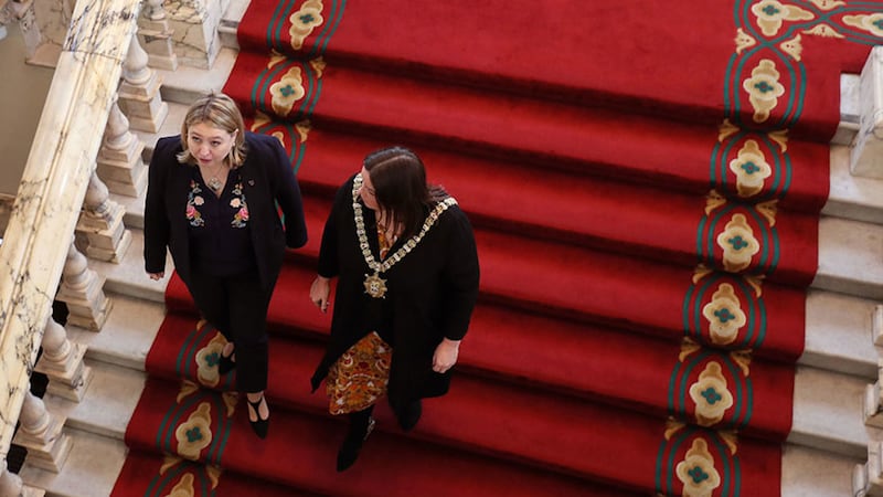 &nbsp;Lord Mayor of Belfast Deirdre Hargey (right) and Northern Ireland Secretary Karen Bradley (left) leaving Belfast City Hall following a meeting about the Primark fire. Picture by&nbsp;Brian Lawless/PA Wire