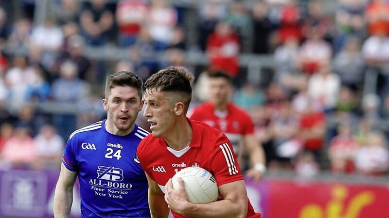 Shane McGuigan and Monaghan&#39;s David Garland. McGuigan has produced the goods in Derry&#39;s two Championship games Picture: Philip Walsh. 