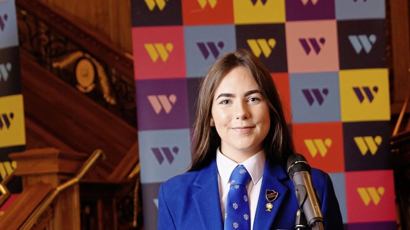 Ciara Rooney, a student at Assumption Grammar School, addresses the Women In Business chair&#39;s lunch in Titanic Belfast 
