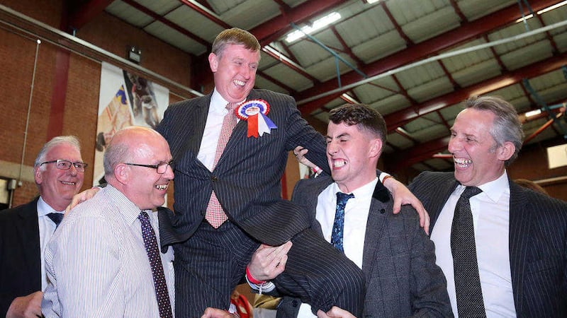DUP&#39;s Mervyn Storey is elected to North Antrim, at the Ballymena count. Picture by Cliff Donaldson. 