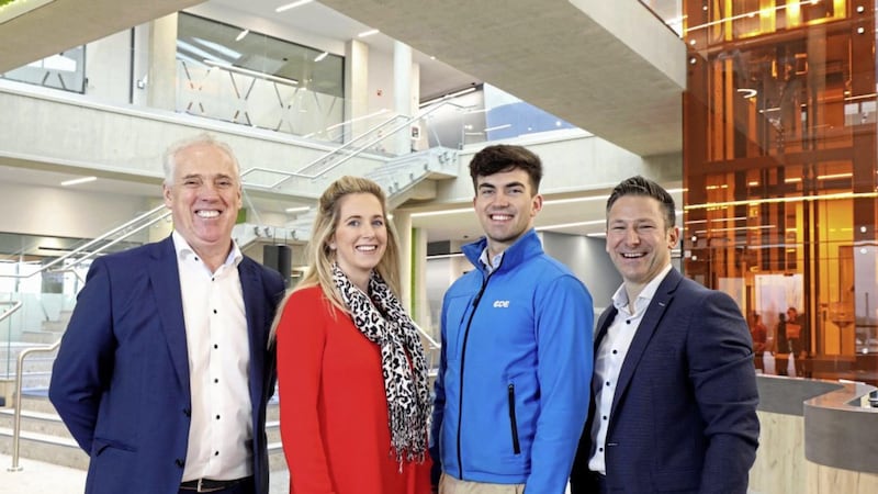 Pictured at the new Cookstown headquarters are: Tony Convery, chairman and founder of CDE Global; engineers Claire Hamill and Roddy Mullan; and Brendan McGurgan, group managing director. 
