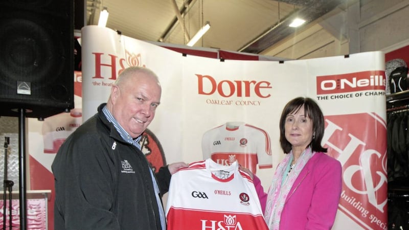 Hugh McWilliams (left), who passed away suddenly last week, and his wife Anne have been huge supporters of the GAA in Derry and Ballinascreen through H&amp;A, the company they founded in 1993. Picture by Margaret McLaughlin 