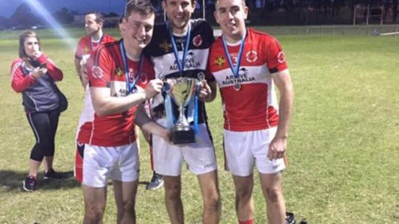CJ McGourty (left) with Stephen Tormey and David Lenaghan after Michael Cusack's club won the Sydney Championship in September&nbsp;