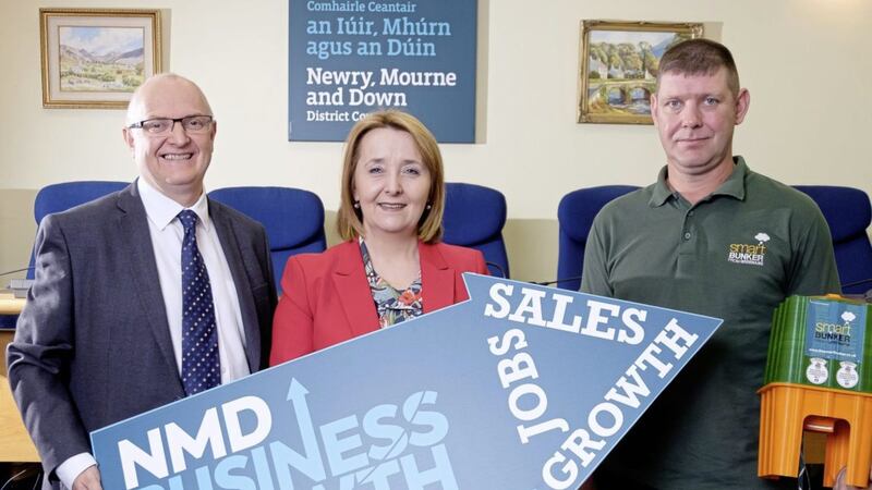 Launching the business growth programme in Newry are (from left) Martin Robinson, assistant director of enterprise, regeneration &amp; tourism; Councillor Roisin Mulgrew, chair of the council&#39;s enterprise, regeneration and tourism committee and Niall Greenan, Greenan Products. Photo: Liam McArdle 