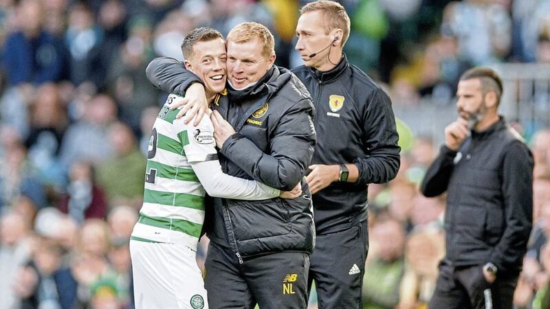 Celtic&#39;s Callum McGregor hugs Celtic manager Neil Lennon as he is substituted during the Ladbrokes Scottish Premiership match against Ross County at Celtic Park, Glasgow on Saturday October 19 2019. Picture by Steve Welsh/PA Wire 