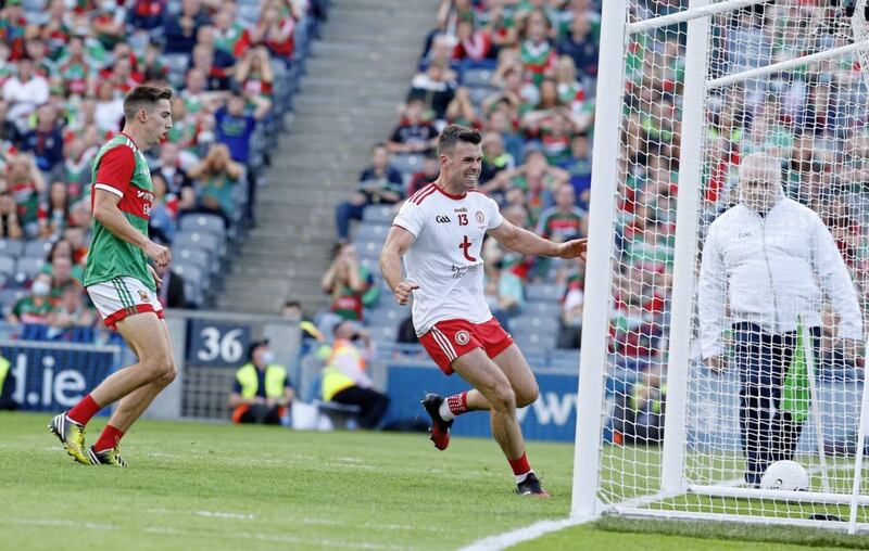 Tyrone's Darren McCurry celebrates his goal during the GAA Football All-Ireland Senior Championship Between Tyrone and Mayo at Croke Park Dublin 09-11-2021. Pic Philip Walsh.