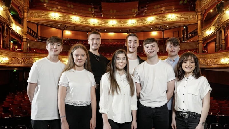 Members of the cast of Miss Saigon School Edition at The Grand Opera House in Belfast, from left, Nathan Johnson, L&aacute;ra Mulgrew, Harry Blaney, Victoria McClements, Louis Fitzpatrick, R&oacute;n&aacute;n Johnson, Conor O&rsquo;Brien and Niamh McAuley. Picture by Aaron McCracken 