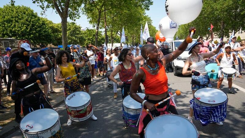 Demonstrators bang drums during a protest in Paris, France (Michel Euler/AP)