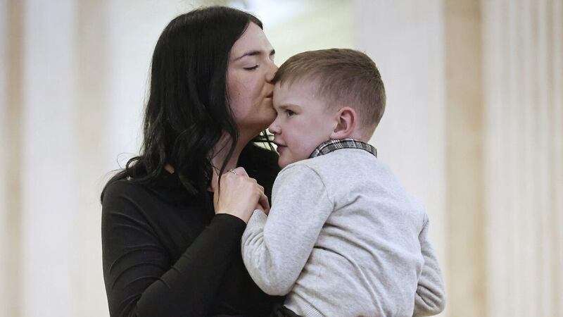 Da&iacute;th&iacute; Mac Gabhann is at Stormont with his mum Seph at Parliament Buildings. Picture by Hugh Russell 