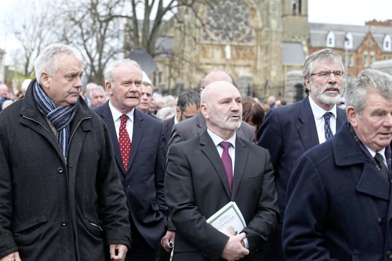 Bik McFarlane, Martin McGuinness, Alex Maskey and Gerry Adams at the funeral of Fr Alec Reid at Clonard Monastery in west Belfast. Picture by Mal McCann