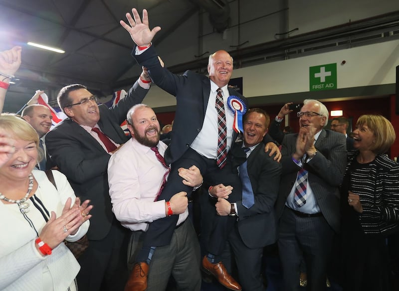 DUP candidate for Upper Bann David Simpson celebrates election at the Eikon Exhibition Centre in Lisburn. Picture from Brian Lawless/PA Wire.&nbsp;