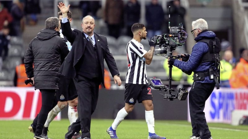 Newcastle United manager Rafael Benitez waves to the home crowd after victory over Manchester City 