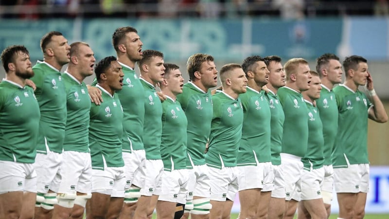 Ireland players line up for pre-match anthems during the 2019 Rugby World Cup. A specially commissioned song by Phil Coulter, Ireland&rsquo;s Call, has been played since the 1995 world cup 