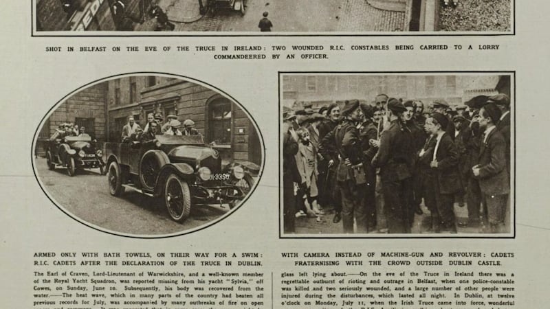 The Illustrated London News reported on the violence in Belfast around the Truce in its July 16 1921 edition, including a photograph or two wounded RIC constables being carried to a lorry 